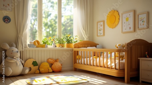 A charming wooden toddler bed with a safety railing, positioned in a sunny, cheerful bedroom with playful wall decals. photo