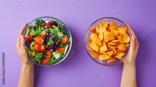 Woman's hand holding a salad bowl and a glass of french fries in a glass bowl, on a purple background. Side view of healthy eating vs fast food concept.