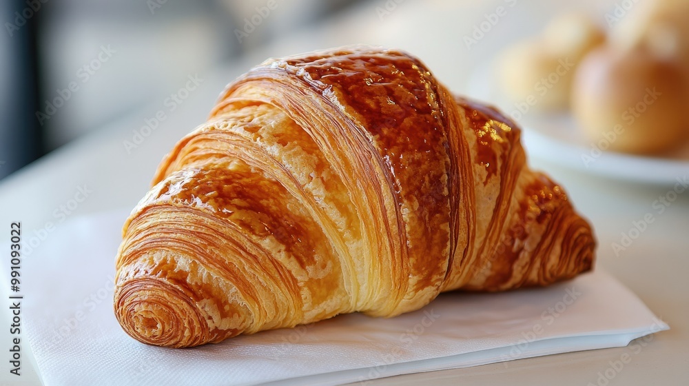 A close-up of a croissant flaky crust and golden color, placed on a white napkin with a light background, showcasing its freshly baked appeal. A close-up of a croissant flaky crust and golden color, placed on a white napkin with a light background, showcasing its freshly baked appeal.