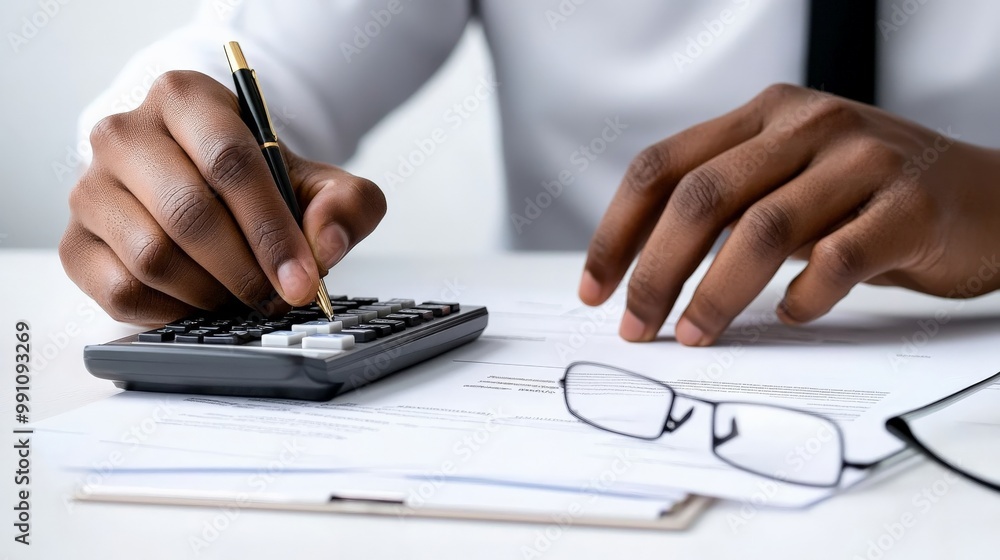 Focused Financial Planning: A close-up shot of a professional's hands meticulously calculating on a calculator, showcasing the precision and dedication needed for successful financial management. Focused Financial Planning: A close-up shot of a professional's hands meticulously calculating on a calculator, showcasing the precision and dedication needed for successful financial management.