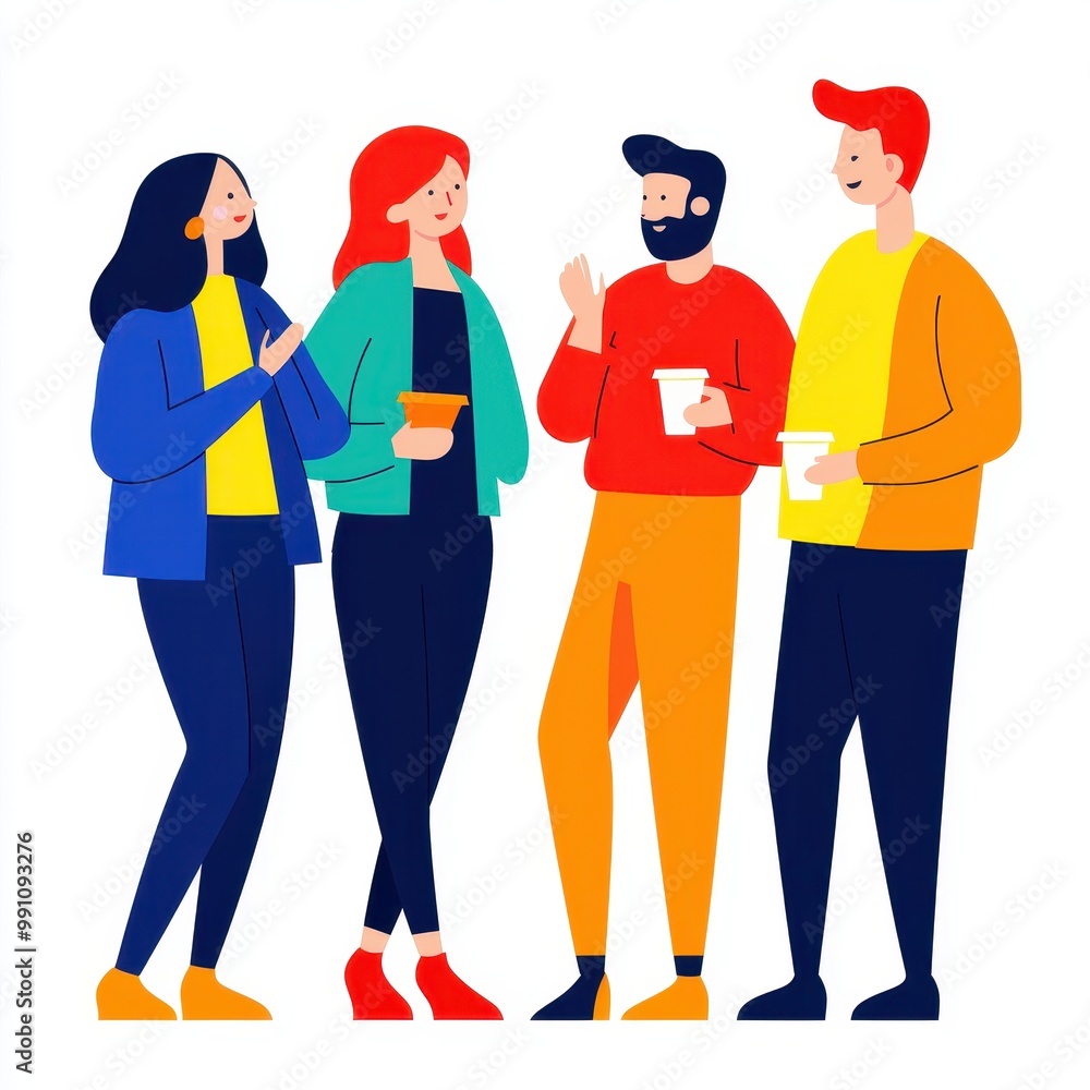 A group of friends chatting at a party, social gathering concept, vector illustration, bright tones, isolated on white background A group of friends chatting at a party, social gathering concept, vector illustration, bright tones, isolated on white background