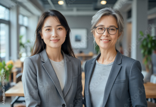 A portrait headshot photo of a two friendly professional CEO executive business workers colleagues engaged in professional conversation