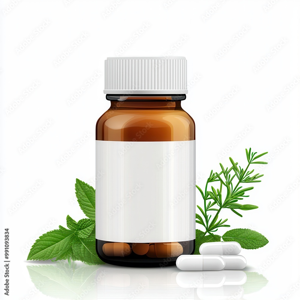 A bottle of natural herbal supplements, clean label design, vector illustration, isolated on white background A bottle of natural herbal supplements, clean label design, vector illustration, isolated on white background