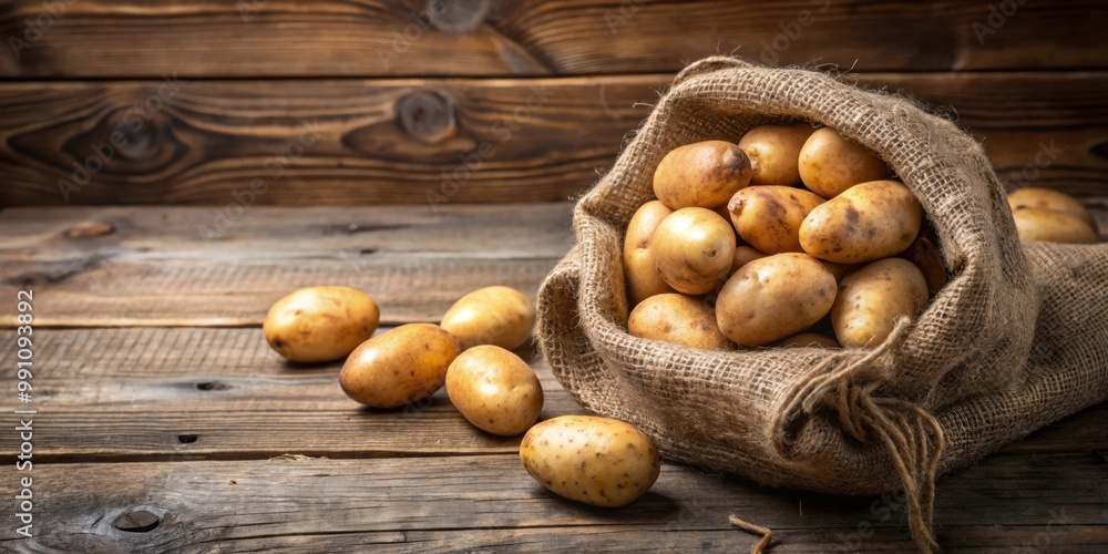 Fresh raw potatoes in a sack on wooden background, potato, fresh, raw, sack, wood, background, farm, agriculture Fresh raw potatoes in a sack on wooden background, potato, fresh, raw, sack, wood, background, farm, agriculture