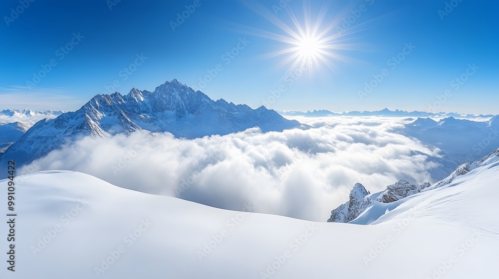 Majestic snow-capped mountains rise through a sea of clouds with bright sunburst and azure sky, presenting a dramatic alpine winter scene with pristine snow and ethereal atmosphere. Majestic snow-capped mountains rise through a sea of clouds with bright sunburst and azure sky, presenting a dramatic alpine winter scene with pristine snow and ethereal atmosphere.