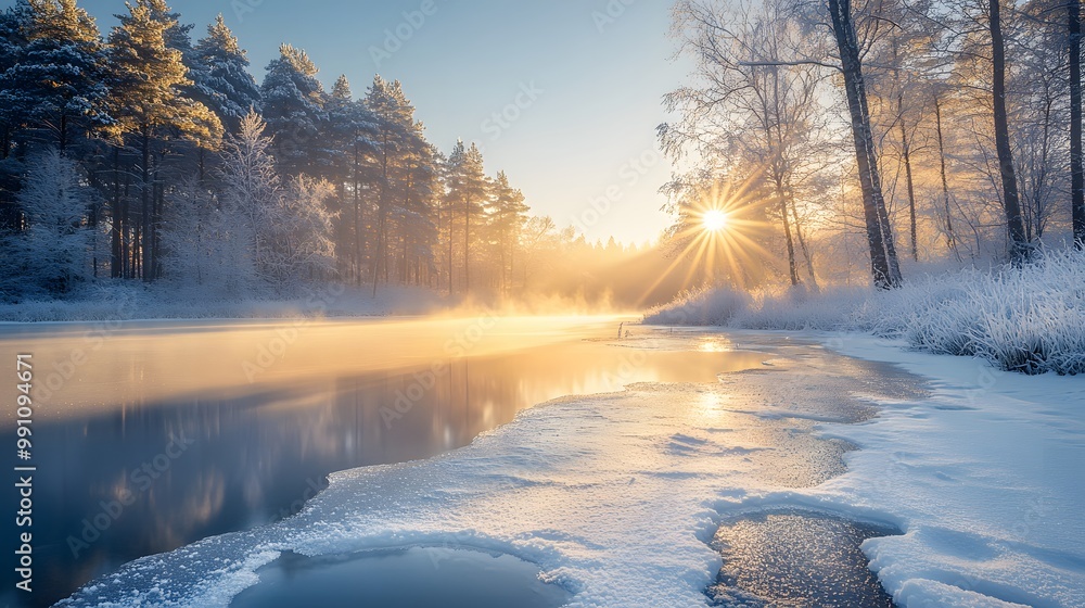Serene winter landscape with a frozen lake and snow-covered forest, featuring frosted branches and sunburst through trees, creating a tranquil scene in crisp sunlight and misty atmosphere. Serene winter landscape with a frozen lake and snow-covered forest, featuring frosted branches and sunburst through trees, creating a tranquil scene in crisp sunlight and misty atmosphere.