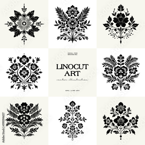 Abstract linocut flowers with magic, girls and mystical in ornate rural folk scandinavian style. Hand drawn Illustration, Linocut Blockprint.
