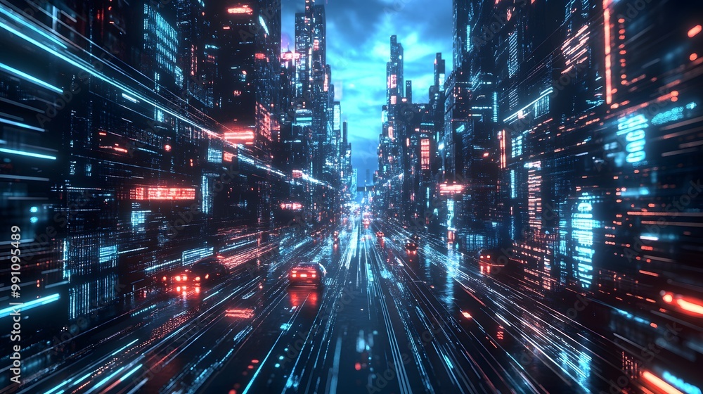 A futuristic city with streets made of glowing fiber-optic cables, while cars and people are transparent data streams. A futuristic city with streets made of glowing fiber-optic cables, while cars and people are transparent data streams.