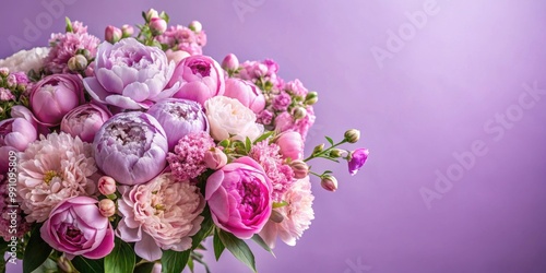 Fototapeta Naklejka Na Ścianę i Meble -  Close-up of a bouquet of peonies and bush roses on a lilac background , flowers, bouquet, peonies, bush roses