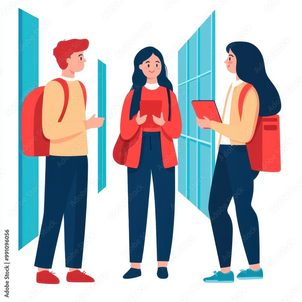 Fototapeta premium A group of students chatting in a hallway, school life concept, flat design, pastel colors, isolated on white background
