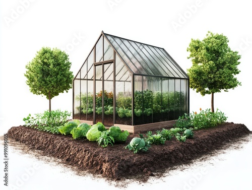 A modern greenhouse surrounded by lush plants and trees, showcasing vibrant greenery and gardening potential. photo