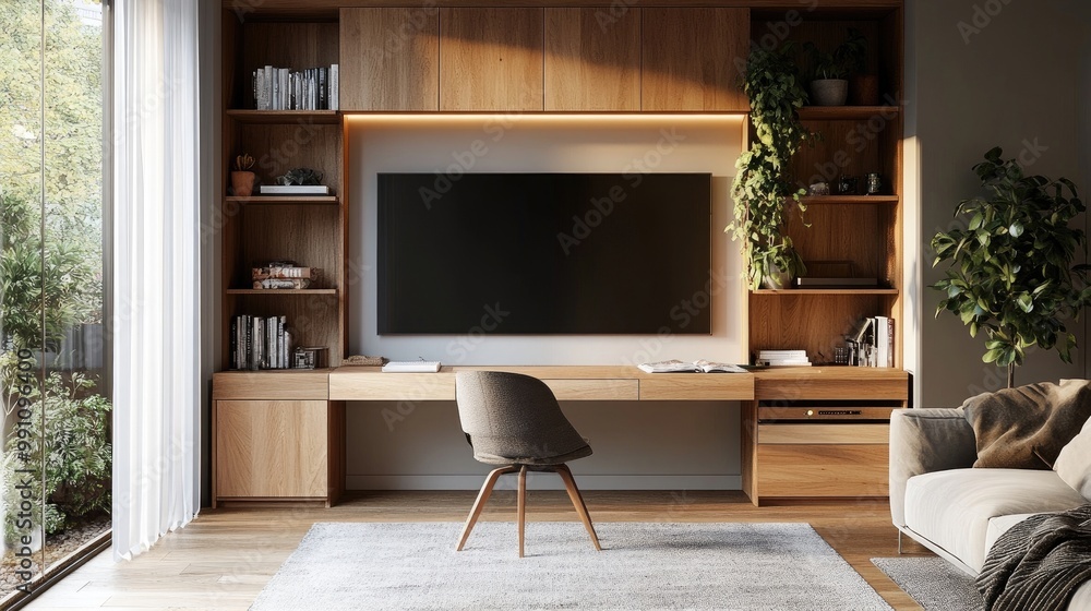 A compact wall unit with a fold-down desk and shelving in a stylish living space. A compact wall unit with a fold-down desk and shelving in a stylish living space.