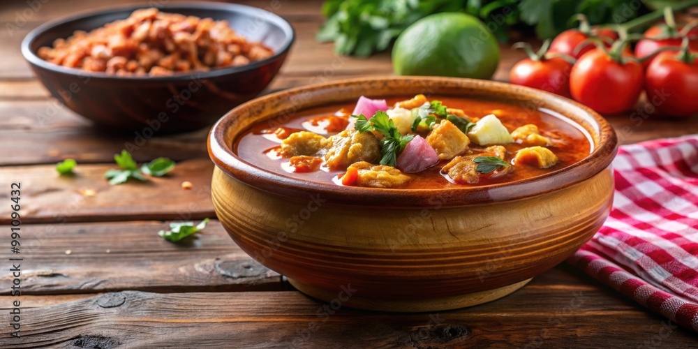 Steaming bowl of traditional Mexican menudo, menudo, Mexican food, tripe soup, spicy, steamy, appetizing Steaming bowl of traditional Mexican menudo, menudo, Mexican food, tripe soup, spicy, steamy, appetizing