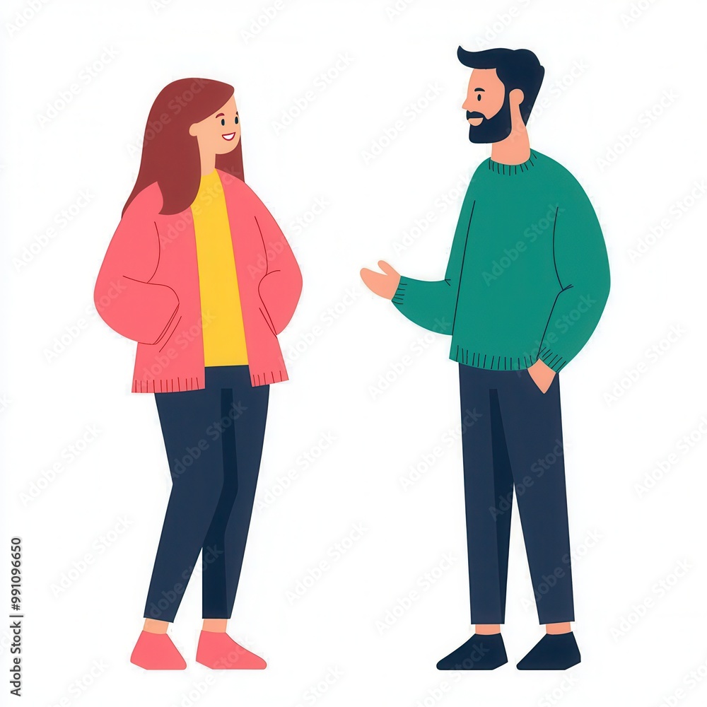 Two people having a friendly conversation, casual setting, flat vector illustration, pastel colors, isolated on white background Two people having a friendly conversation, casual setting, flat vector illustration, pastel colors, isolated on white background