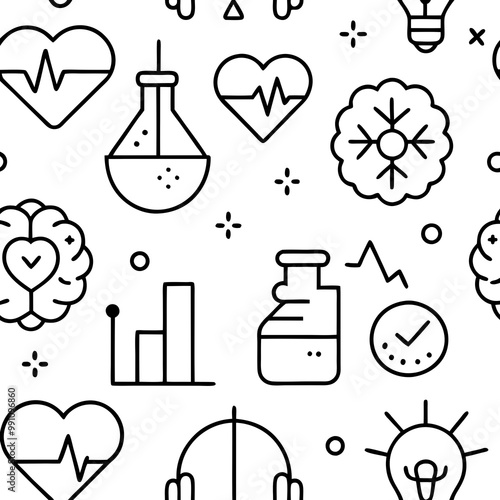 Science and medical icon, seamless pattern flat line minimalist.