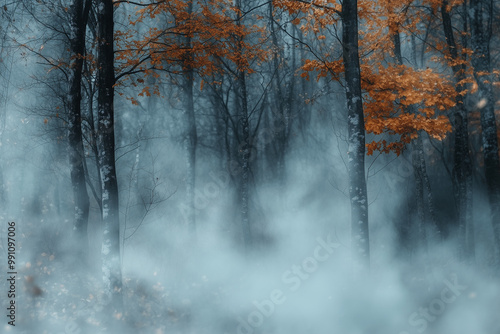 Misty Autumn Forest with Bare Trees & Orange Foliage