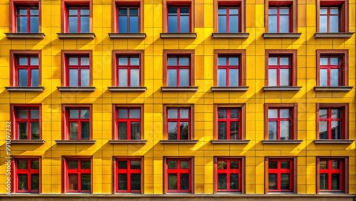 Artistic photograph of a building with yellow windows and red accents , architecture, colorful, contrast, vibrant, urban