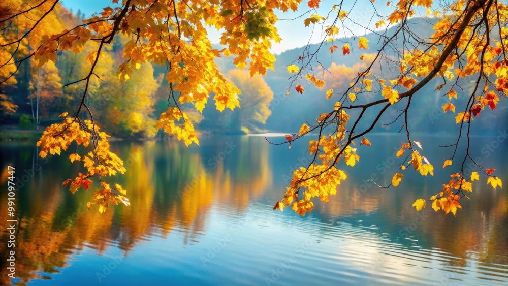 Autumn leaves scattered on branches with a serene lake in the background, autumn, leaves, branches, lake, tranquil, nature Autumn leaves scattered on branches with a serene lake in the background, autumn, leaves, branches, lake, tranquil, nature