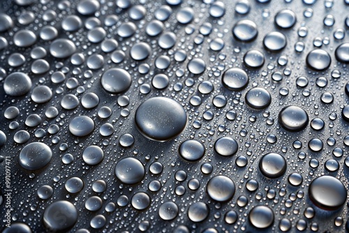 Close-up of water droplets on reflective metallic surface