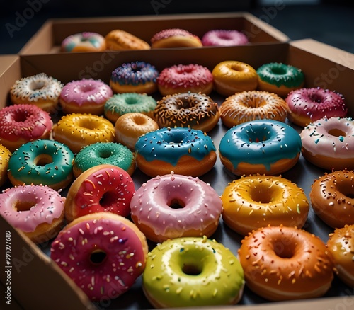 colorful donuts in a box| A box filled with lots of colorful dounts on the table, by Arthur Pan, pexels, in rich color, in a row, food photography ai gegerate

 photo