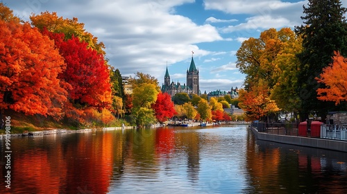 Vibrant autumn foliage frames a historic building reflected in a tranquil canal.