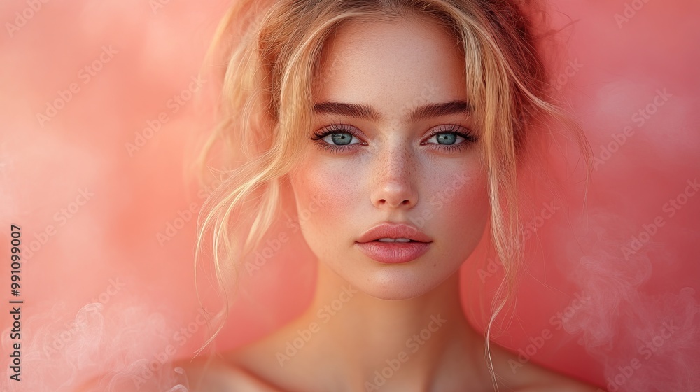 A beautiful woman's face is modeled against an isolated pink smoke background. A beautiful woman's face is modeled against an isolated pink smoke background.