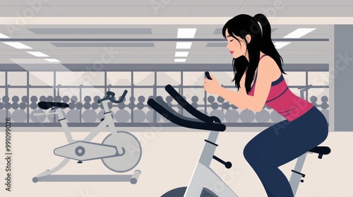 Exercise bike cardio workout at fitness gymasian women doing sport biking in the gym for fitness in the morningfitnessgym healthy lifestyle concepts sports Illustration photo