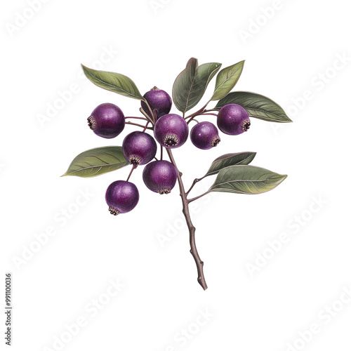 Branch of Purple Berries with Green Leaves