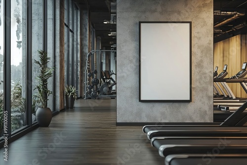 Empty Frame Mockup in Modern Gym with Treadmills and Window View