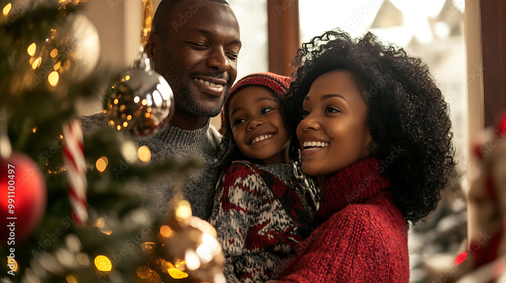 Black family decorating their home for a holiday, with smiles and decorations all around Black family decorating their home for a holiday, with smiles and decorations all around