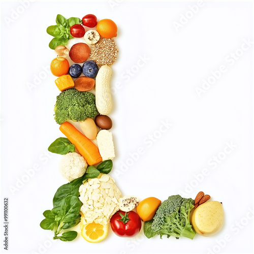 The image is a creative representation of the letter L using various fruits and vegetables