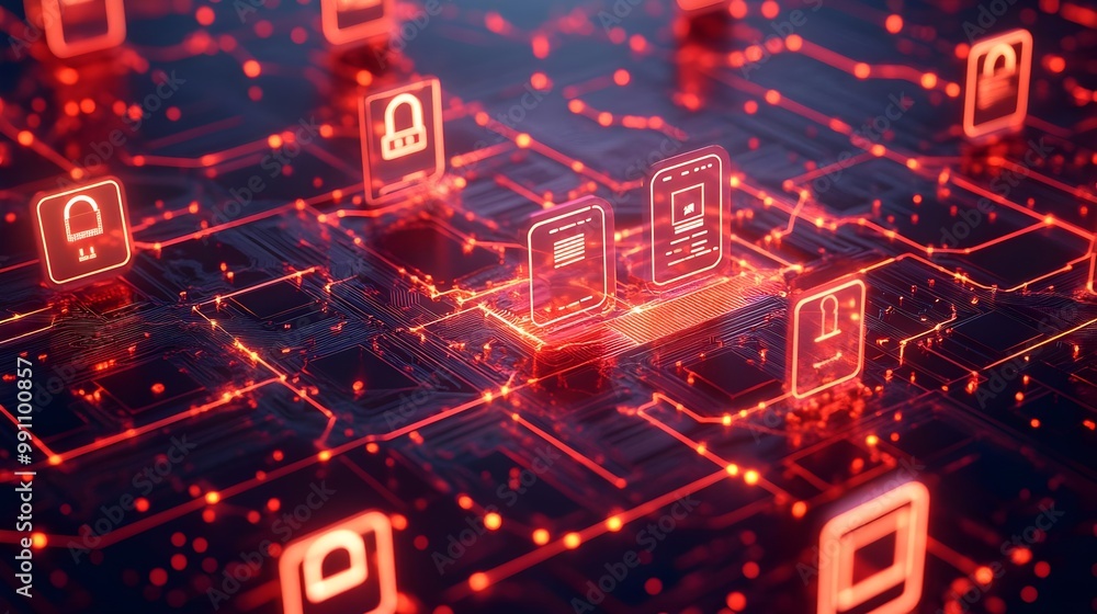 Obraz premium Digital security network with glowing icons symbolizing data protection.