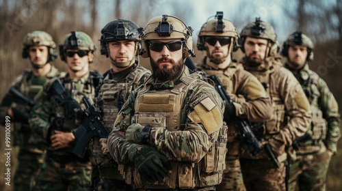 Fotografia A group of soldiers in camouflage gear and helmets stand in a forest with their rifles in hand