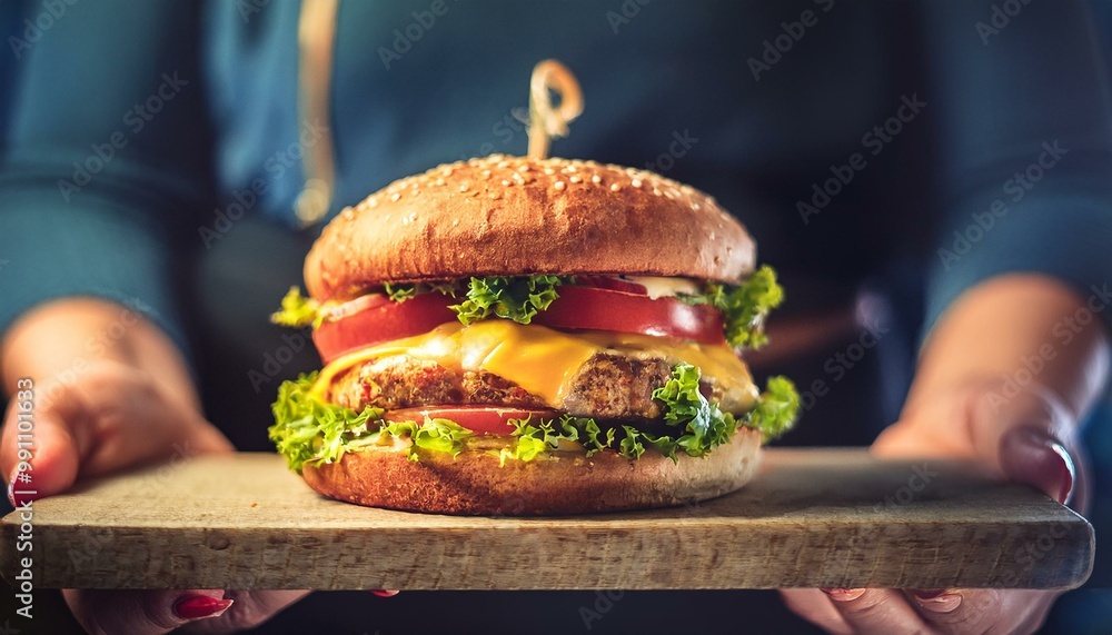 cheeseburger with meat, cheese and vegetables served in a restaurant or chef hands; deliciou cheeseburger with meat, cheese and vegetables served in a restaurant or chef hands; deliciou