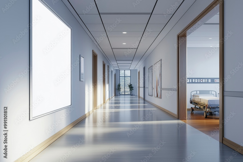 A sterile and empty hospital corridor with a view of a patient room A sterile and empty hospital corridor with a view of a patient room