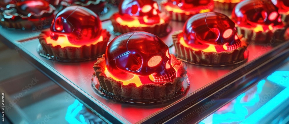 Glowing red and cyan skull tarts on a digital bakery counter, cybernetic Halloween dessert display Glowing red and cyan skull tarts on a digital bakery counter, cybernetic Halloween dessert display