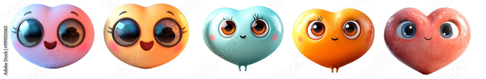 Cute and colorful cartoon hearts with big expressive eyes, showcasing variety of emotions and colors. These charming characters are perfect for playful designs and cheerful themes Cute and colorful cartoon hearts with big expressive eyes, showcasing variety of emotions and colors. These charming characters are perfect for playful designs and cheerful themes