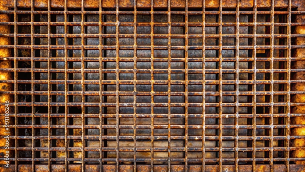 Closeup of a rusty, metal cooling grid. Old burned charred metal surface with rusty screws, rust, metal, cooling grid, old Closeup of a rusty, metal cooling grid. Old burned charred metal surface with rusty screws, rust, metal, cooling grid, old