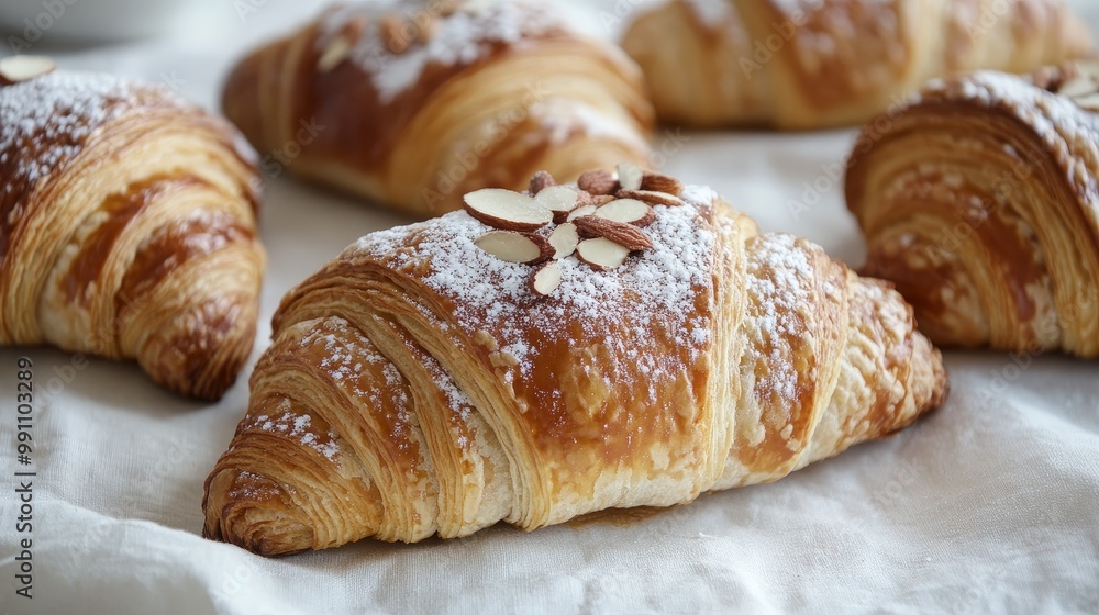 Elegant Almond Croissants with Dusting of Powdered Sugar on a Delicate Tray Elegant Almond Croissants with Dusting of Powdered Sugar on a Delicate Tray