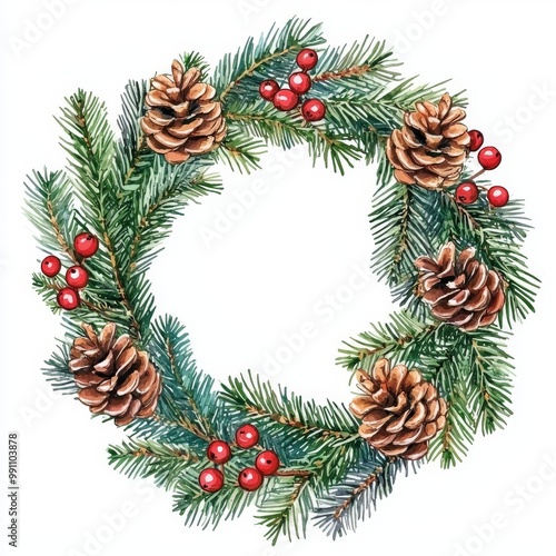 A watercolor Christmas wreath of spruce branches, pine cones, and holly berries