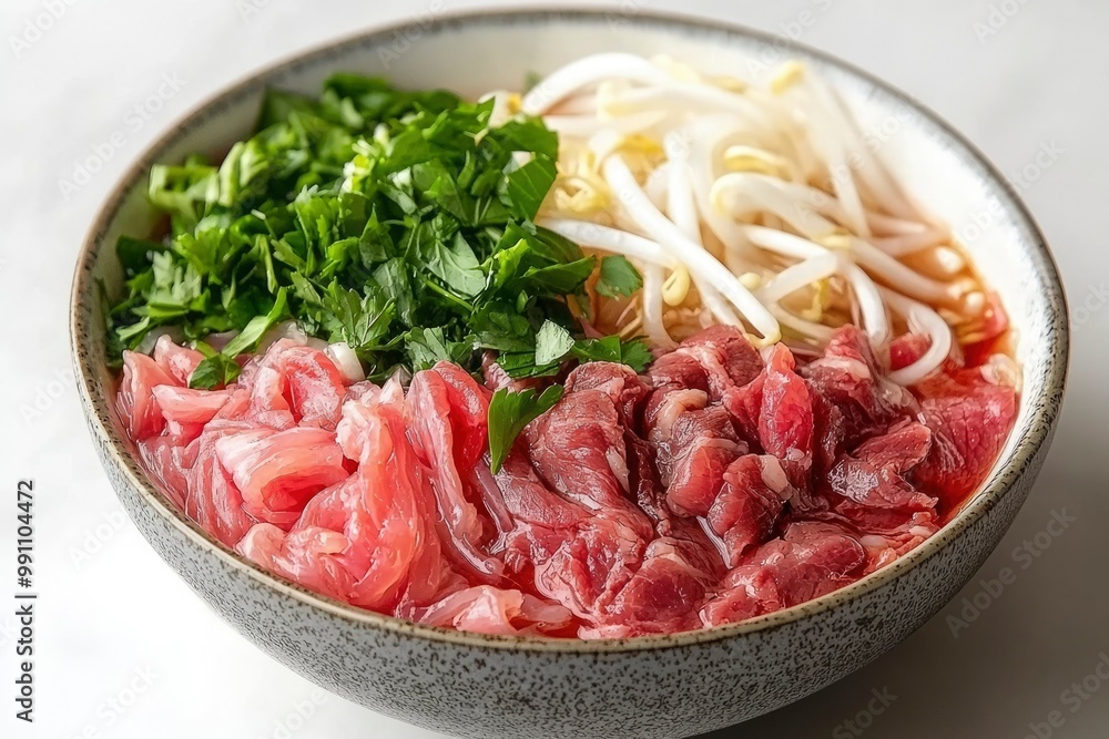 Bowl of Beef, Bean Sprouts, Parsley, and Broth Bowl of Beef, Bean Sprouts, Parsley, and Broth