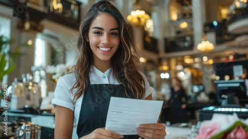 A courteous hotel cashier handing a receipt to a guest, with the elegant hotel lobby in the background and a welcoming atmosphere