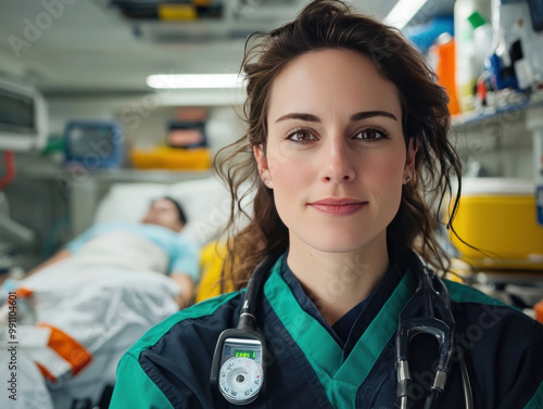 A focused paramedic providing medical care to an injured patient, using professional equipment to stabilize the patient in a fast-paced emergency setting photo