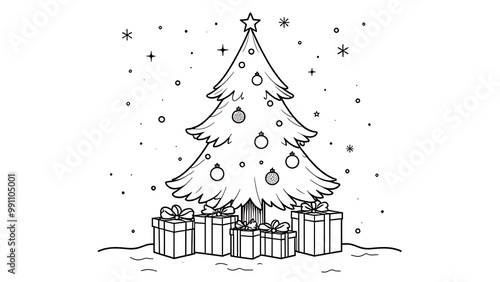 christmas tree sketch. Coloring page of a decorated Christmas tree with gifts.  black and white illustration on white background. coloring book