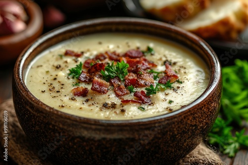 Creamy Soup Topped with Bacon, Parsley, and Black Pepper