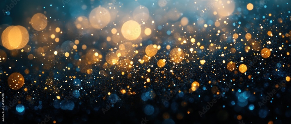 A shimmering background of golden and blue bokeh lights creating a festive atmosphere. A shimmering background of golden and blue bokeh lights creating a festive atmosphere.
