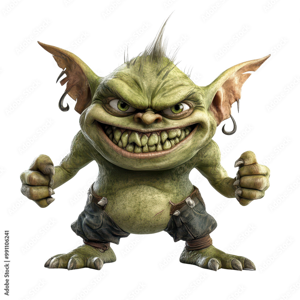 Obraz premium A mischievous goblin character with a fierce expression, showcasing exaggerated features and a playful demeanor., isolated on a transparent background.