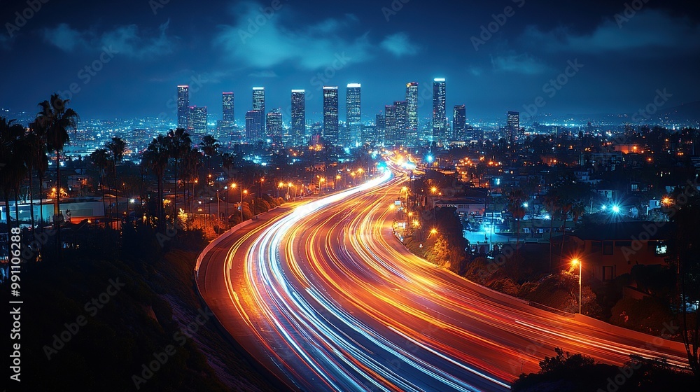Obraz premium A city night scene illuminated by dynamic light trails.