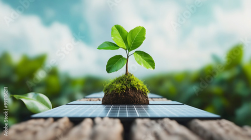 Solar Panels Supporting Plant Growth Symbolizing Renewable Energy and Sustainability
 photo