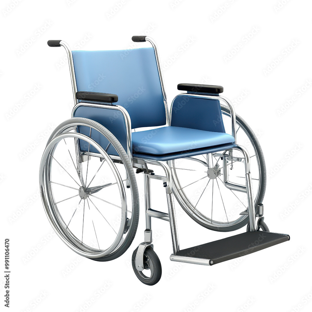 Fototapeta premium A modern blue wheelchair with chrome frame, designed for mobility assistance and comfort., isolated on a transparent background.